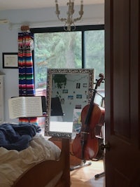 a bedroom with a bed, a mirror, and a cello