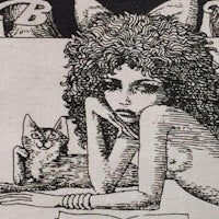 a black and white drawing of a woman with curly hair and a cat