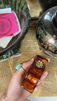 a person holding a cell phone next to a vase