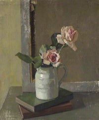 a painting of two roses in a jug